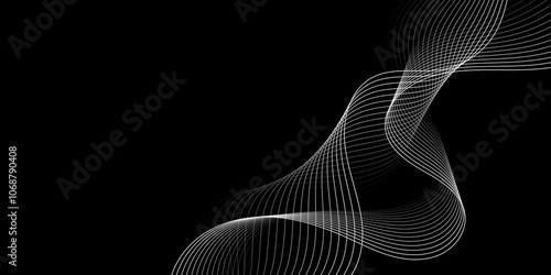 Abstract white wave dynamic curve lines on black background with flowing particles. Digital energy waves technology concept. Modern backdrop design for business, presentation, banner.