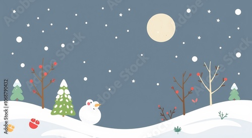 Snowy winter night landscape with trees, a snowman, and a full moon.