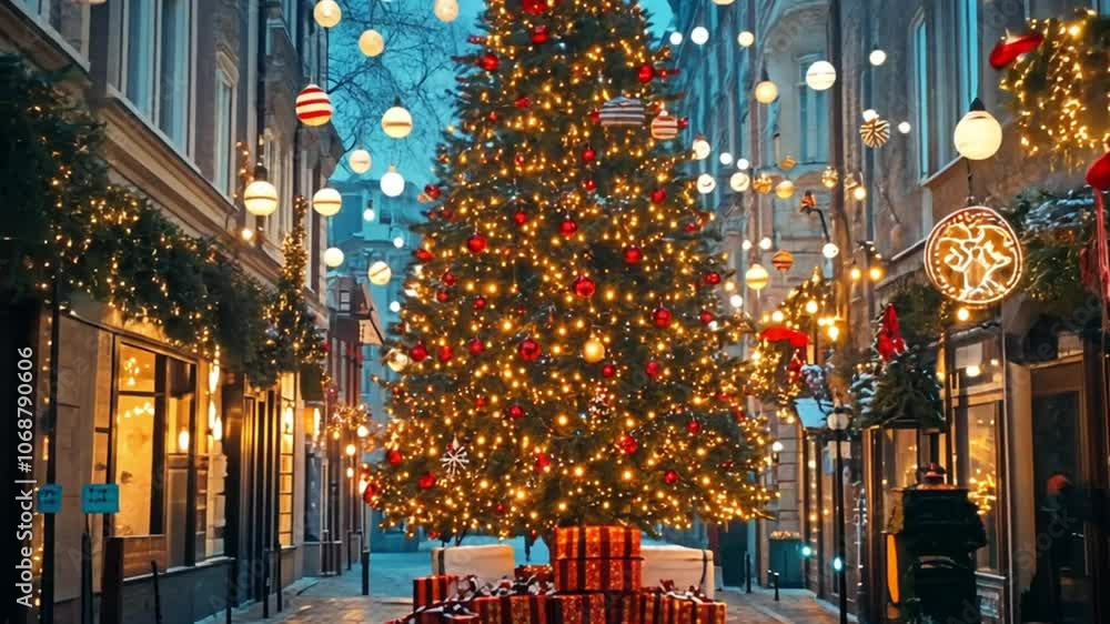 A Christmas tree with red and gold ornaments is standing in the middle of a city street A Christmas tree with red and gold ornaments is standing in the middle of a city street