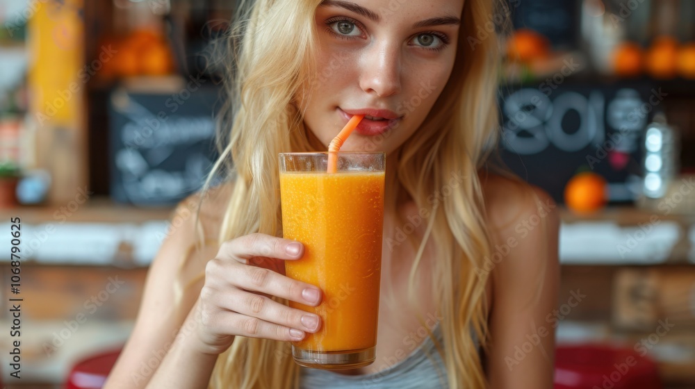 A young woman enjoying a fresh orange smoothie in a glass with a straw, creating a refreshing and health-focused moment.
A young woman enjoying a fresh orange smoothie in a glass with a straw, creating a refreshing and health-focused moment.