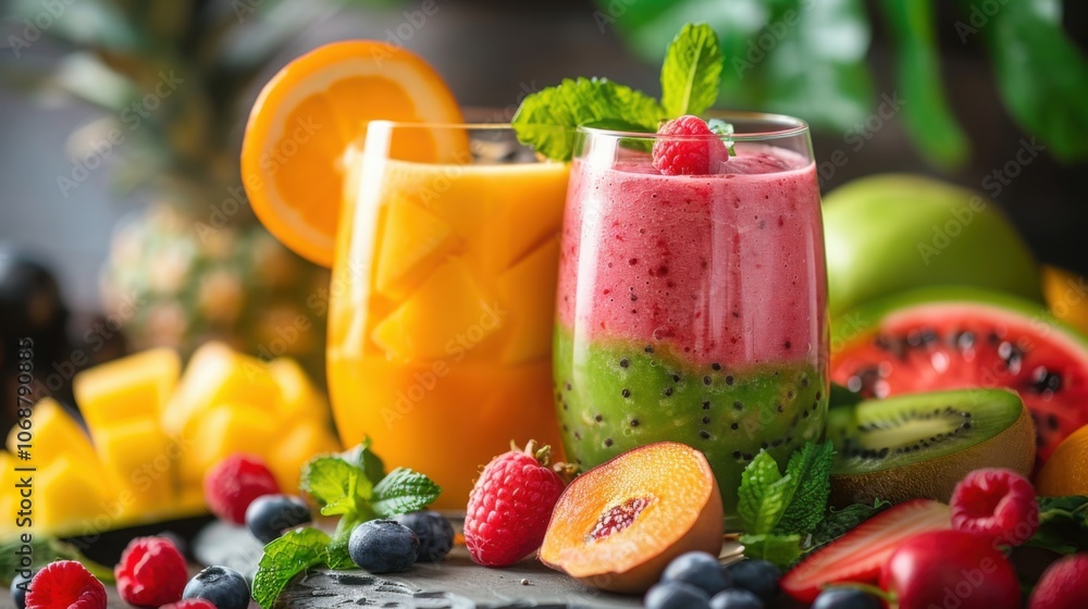 A colorful smoothie duo in glasses, layered with kiwi, berry, and mango flavors, garnished with fresh mint, surrounded by tropical fruits for a vibrant presentation.
A colorful smoothie duo in glasses, layered with kiwi, berry, and mango flavors, garnished with fresh mint, surrounded by tropical fruits for a vibrant presentation.