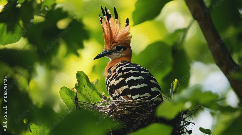 Fototapeta premium Hoopoe Bird Perched on a Nest in a Tree