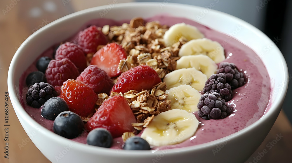 A vibrant smoothie bowl topped with bananas, granola, strawberries, blackberries, and blueberries, served in a white ceramic bowl.