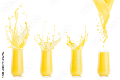 Set of four orange juices in drinking glasses with levitated drops, splashes, flows of juice on white background, isolated. Vegetarian yellow drink for advertising, label product, branding, flyer.