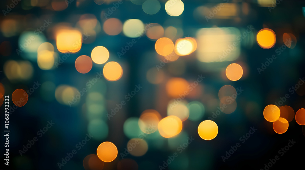 Defocused city lights with a warm glow, creating an atmospheric bokeh effect Defocused city lights with a warm glow, creating an atmospheric bokeh effect