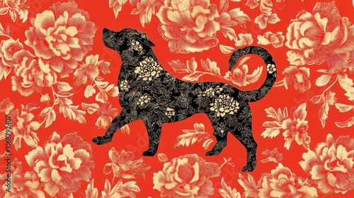A dog is standing in front of a red floral pattern
