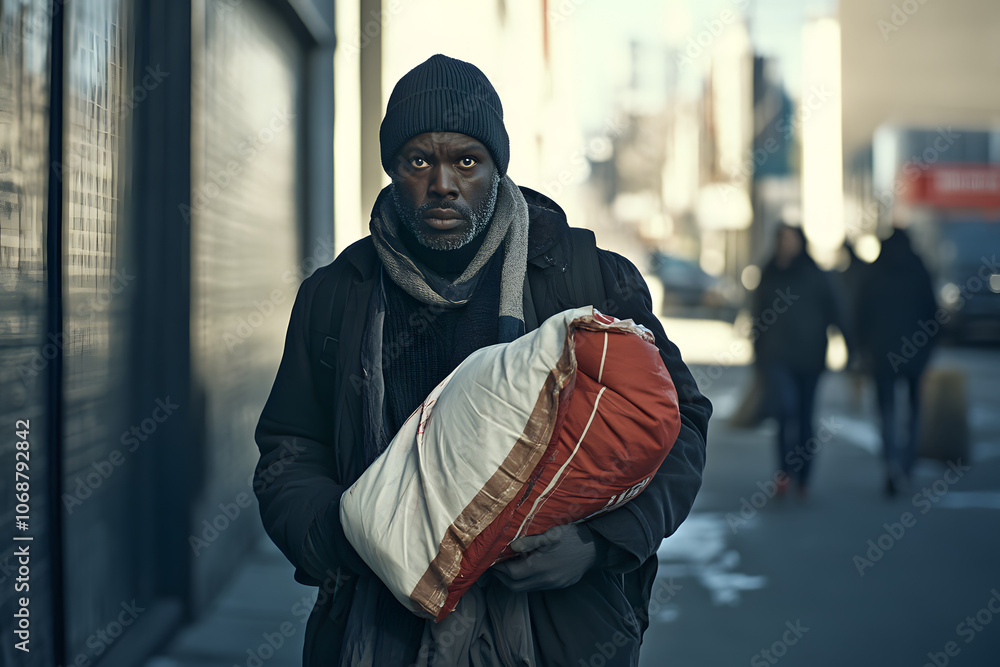 Portrait of a man holding a sleeping bag on a city street, bundled in winter clothes, reflecting resilience and hardship, urban life and survival in cold conditions, powerful scene Portrait of a man holding a sleeping bag on a city street, bundled in winter clothes, reflecting resilience and hardship, urban life and survival in cold conditions, powerful scene