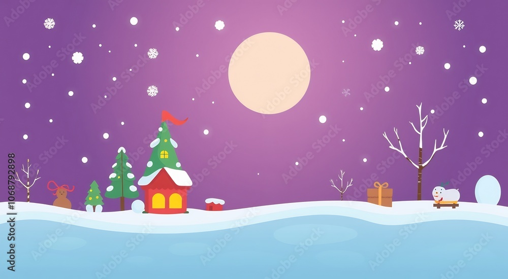 Cartoon winter scene with a snowman, a house, and a full moon. Cartoon winter scene with a snowman, a house, and a full moon.