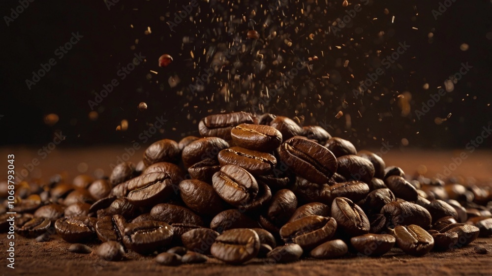Smoke from coffee beans. Flying, falling coffee beans on a dark background. Smoke from coffee beans. Flying, falling coffee beans on a dark background.