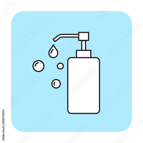 Liquid soap or antiseptic dispenser icon, contoured bottle with pump, liquid drop.