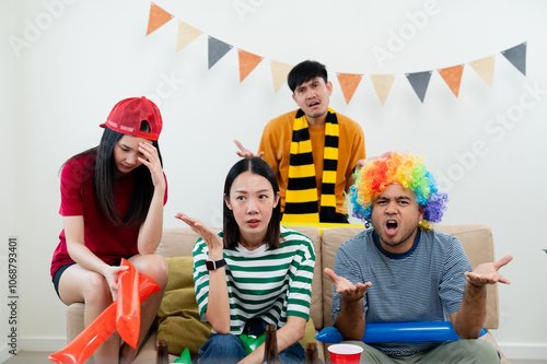 A group of Asian male and female friends watch the live broadcast of the World Cup match on television. Share a beer and snacks together at home. Sports fans feel sad when the team they support loses. photo