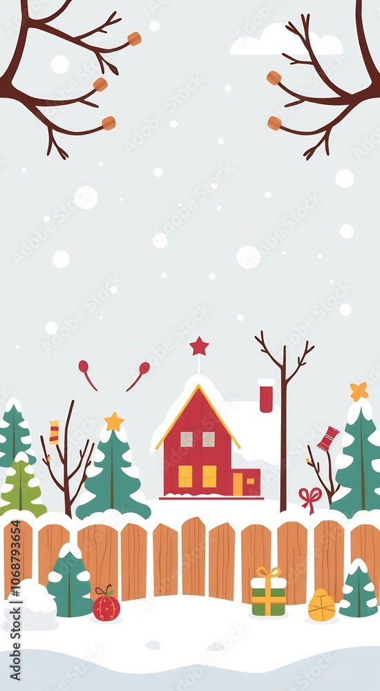A red house with snowy roof and a wooden fence in a winter wonderland. A red house with snowy roof and a wooden fence in a winter wonderland.