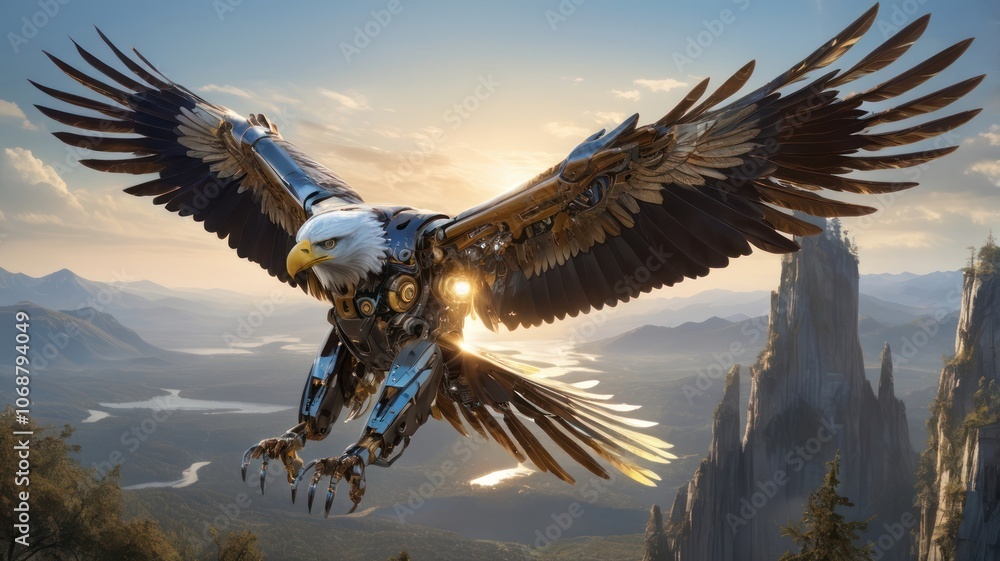A robotic eagle with outstretched wings soars over a mountainous landscape at sunset. A robotic eagle with outstretched wings soars over a mountainous landscape at sunset.