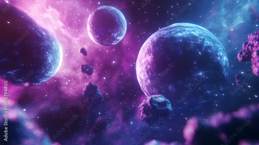 A vibrant, cosmic scene with purple planets and stars, set against a bright magenta nebula A vibrant, cosmic scene with purple planets and stars, set against a bright magenta nebula