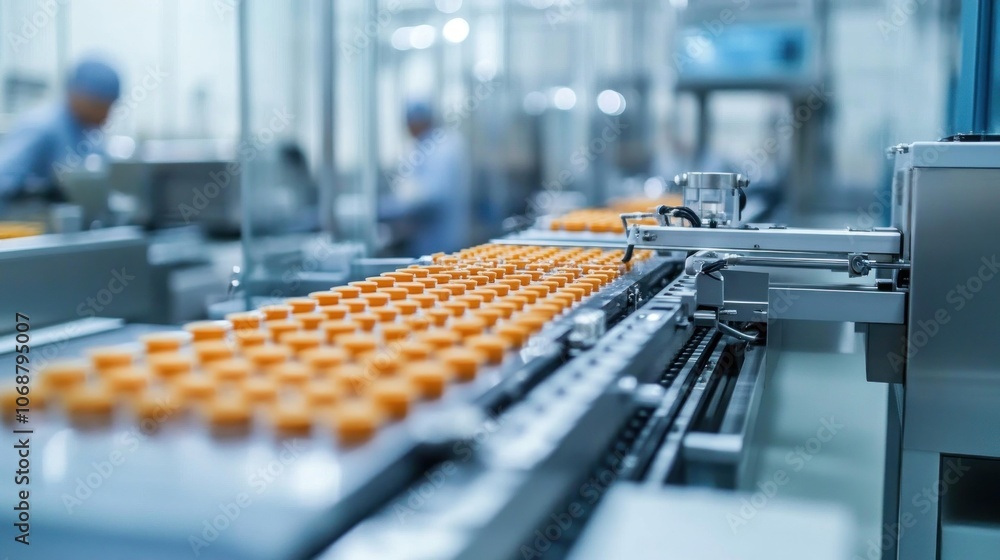 Obraz premium Automated Pill Production Line in a Pharmaceutical Factory