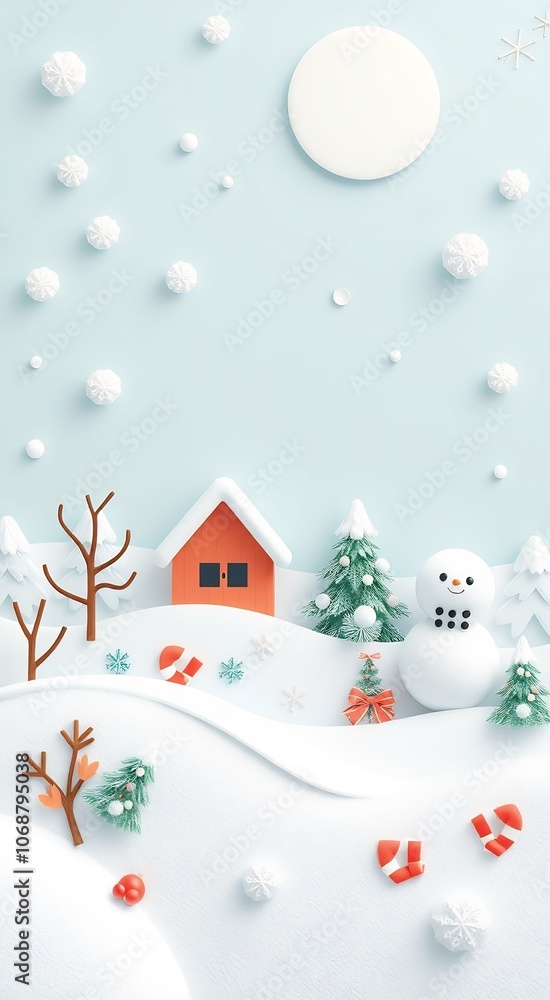 3D Paper Winter Scene with Snowman, Christmas Tree, and Candy Canes. 3D Paper Winter Scene with Snowman, Christmas Tree, and Candy Canes.