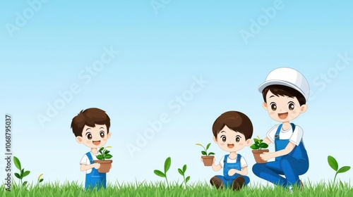 Children planting small plants in green grass, colorful cartoon style, blue sky.