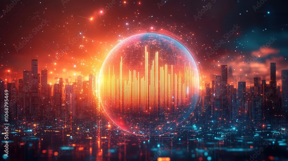 a digital globe adorned with bar and line charts, set against a bright background, symbolizing the intersection of business and technology in a creative illustration a digital globe adorned with bar and line charts, set against a bright background, symbolizing the intersection of business and technology in a creative illustration