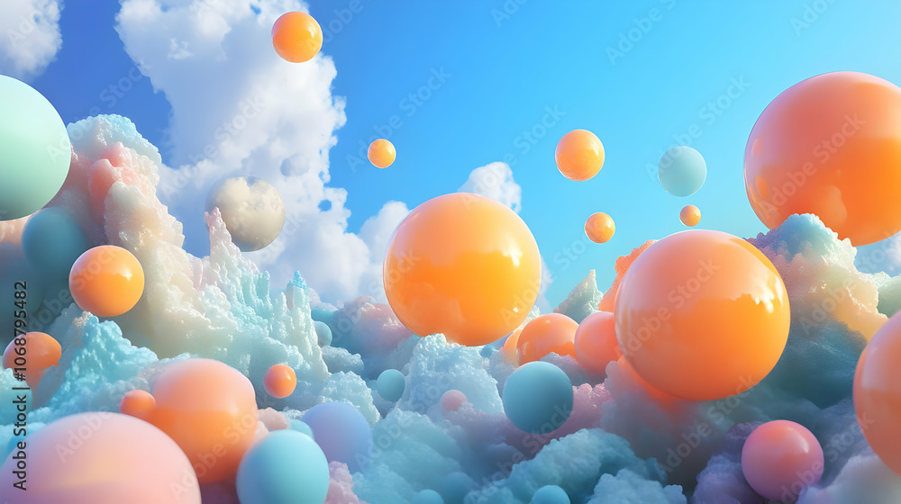Surreal, floating orange spheres against a blue sky with soft clouds, creating a dreamy, playful atmosphere Surreal, floating orange spheres against a blue sky with soft clouds, creating a dreamy, playful atmosphere