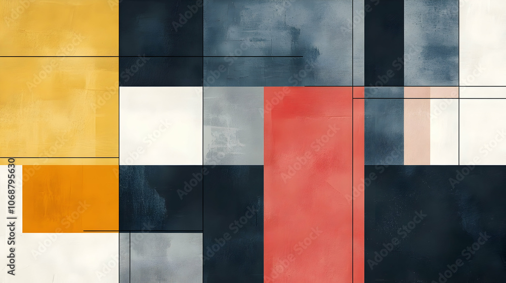 Color-blocked abstract composition with muted reds, blues, and grays in a balanced grid structure Color-blocked abstract composition with muted reds, blues, and grays in a balanced grid structure