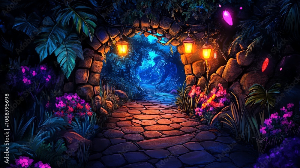 Fototapeta premium Enchanting path through a vibrant forest with glowing lanterns and blooming flowers.