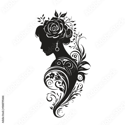 Profile silhouette of a woman with a rose in her hair and intricate floral patterns