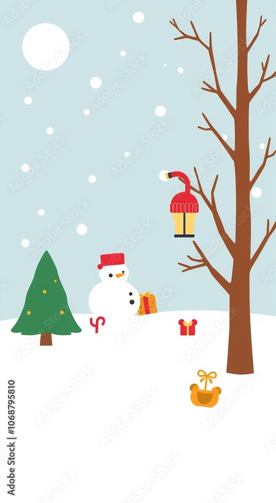 A cute snowman with a red hat and a gift, standing next to a green Christmas tree, in a snowy landscape with a bare tree and a birdhouse. A cute snowman with a red hat and a gift, standing next to a green Christmas tree, in a snowy landscape with a bare tree and a birdhouse.