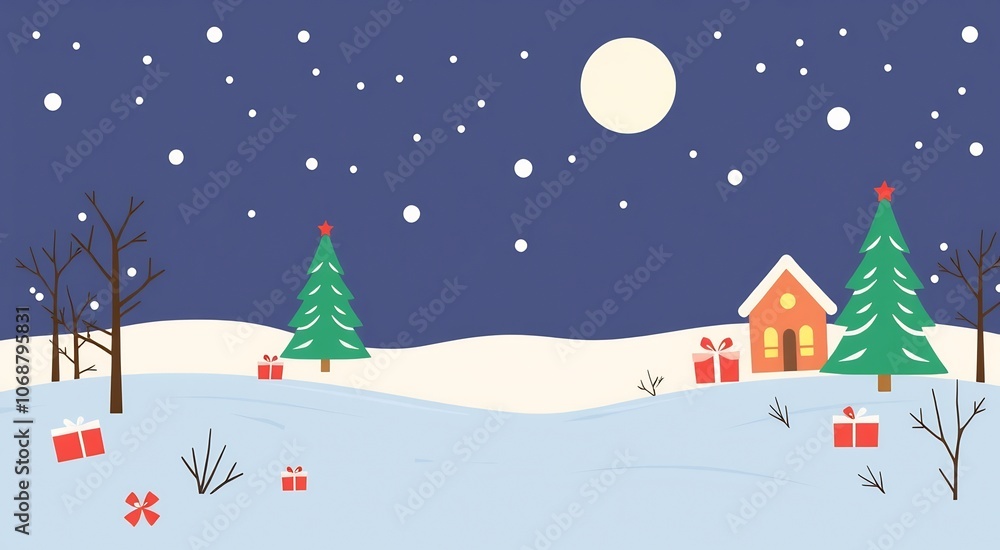 A simple and beautiful winter scene with a snowy landscape, a house with a glowing window, a fir tree, and falling snowflakes. A simple and beautiful winter scene with a snowy landscape, a house with a glowing window, a fir tree, and falling snowflakes.