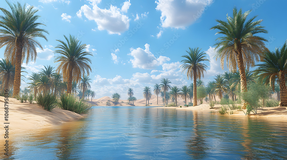 A highly detailed photography showcasing a desert oasis with lush palm trees and shimmering water, surrounded by endless dunes, creating a striking contrast between arid and lush life. A highly detailed photography showcasing a desert oasis with lush palm trees and shimmering water, surrounded by endless dunes, creating a striking contrast between arid and lush life.