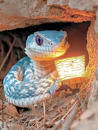 A blue snake resting in its burrow, illuminated by a small light source. photo