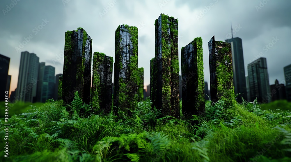Fototapeta premium Moss-covered stone structure surrounded by lush greenery and urban skyline.