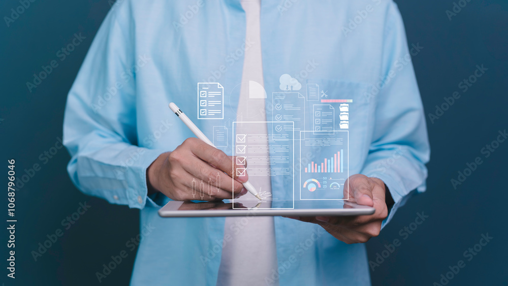 businessman checklist document online on cloud, Compliance to regulations service and standards. checking searching document paperwork or report Documents data.