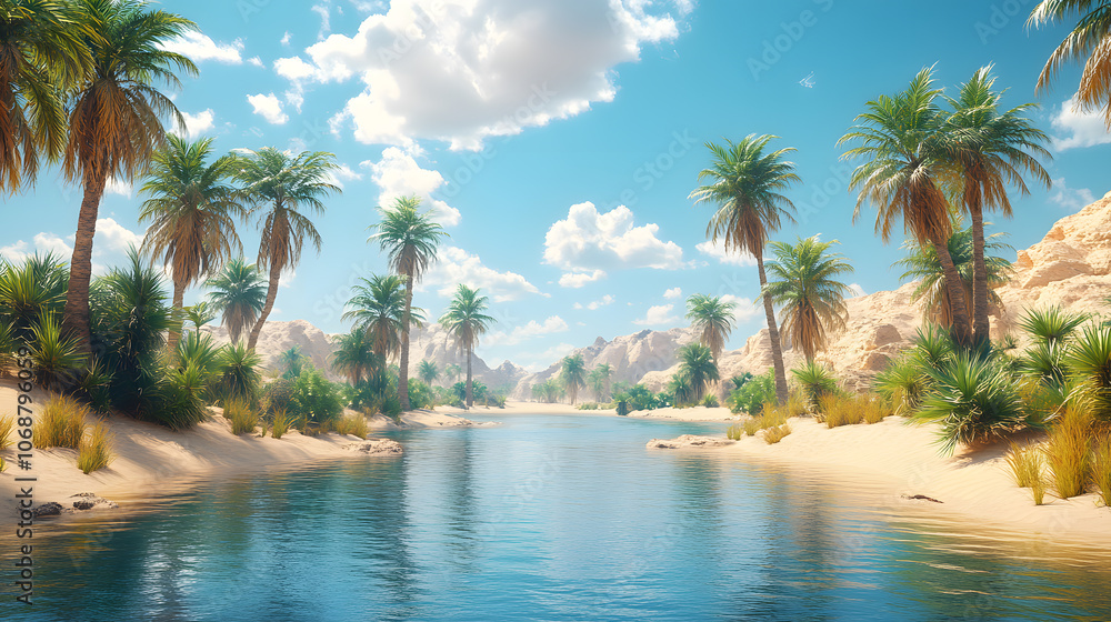 Obraz premium A highly detailed photography showcasing a desert oasis with lush palm trees and shimmering water, surrounded by endless dunes, creating a striking contrast between arid and lush life.