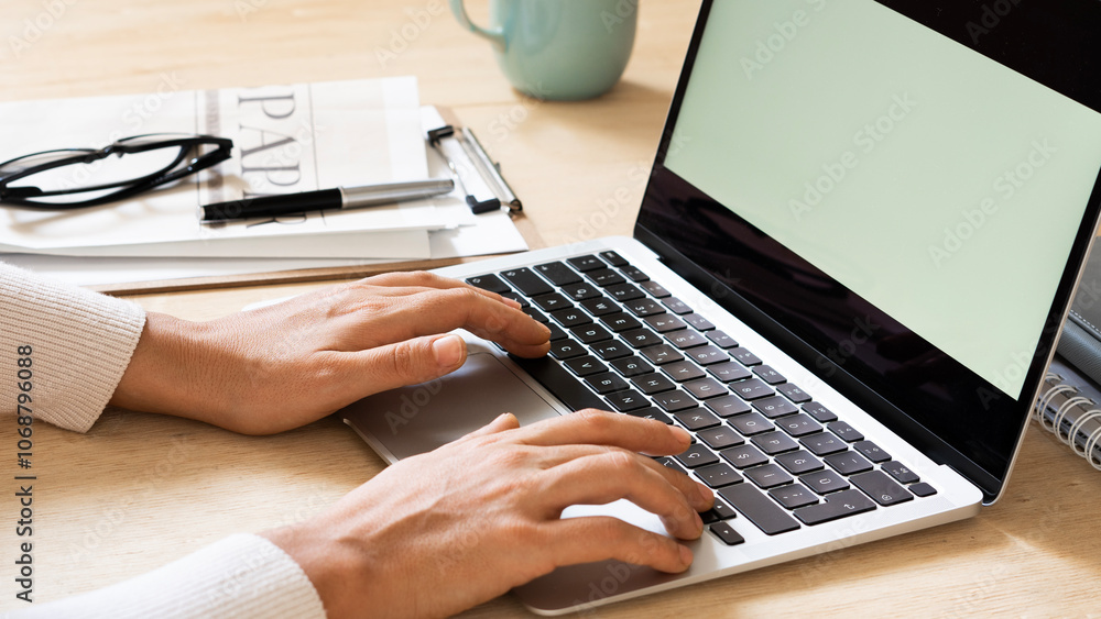 fingers typing blank white screen laptop. for mockup business fingers typing blank white screen laptop. for mockup business