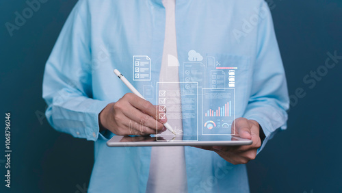 Obraz na płótnie businessman checklist document online on cloud, Compliance to regulations service and standards. checking searching document paperwork or report Documents data. w salonie