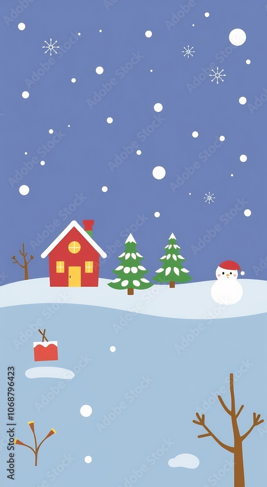 A cute snowy winter scene with a red house, two snow-covered pine trees, a snowman, and falling snow. A cute snowy winter scene with a red house, two snow-covered pine trees, a snowman, and falling snow.