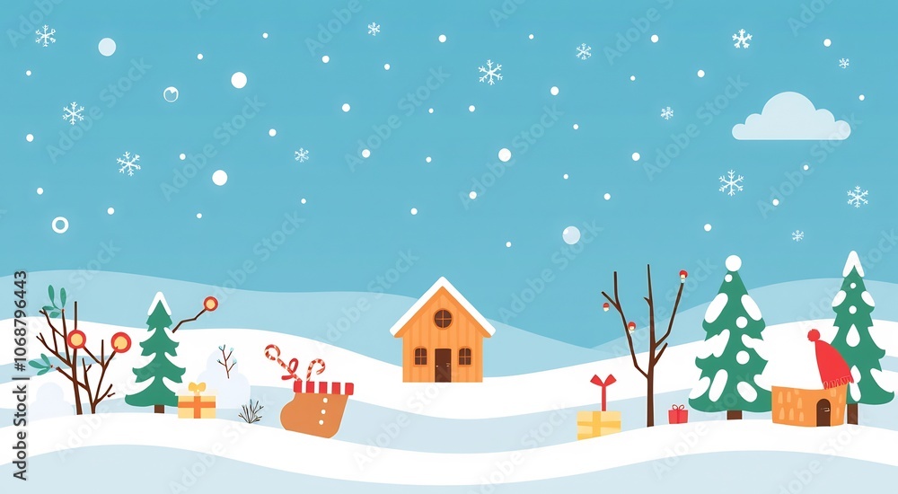 Winter wonderland with a snow-covered cabin, Christmas trees and presents. Winter wonderland with a snow-covered cabin, Christmas trees and presents.