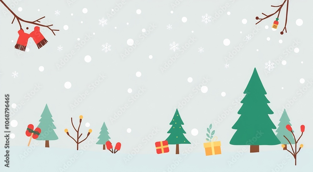 Winter wonderland with a Christmas tree, presents, and falling snow. Winter wonderland with a Christmas tree, presents, and falling snow.