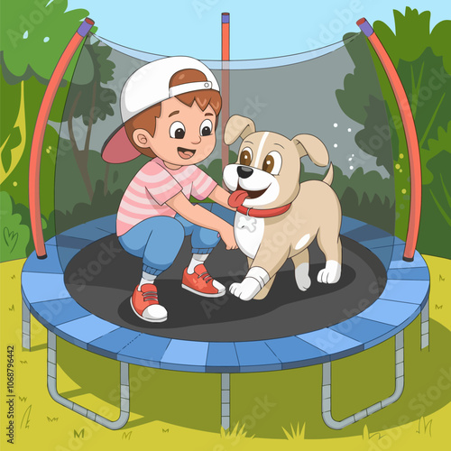 Boy and dog happily jumping on a trampoline together