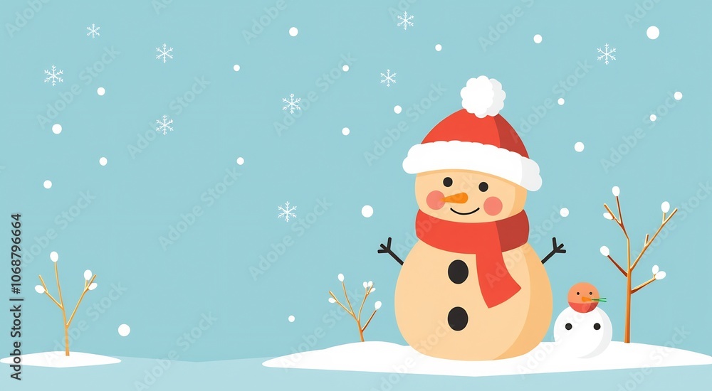 Happy snowman with a small snowman friend in a snowy winter landscape. Happy snowman with a small snowman friend in a snowy winter landscape.