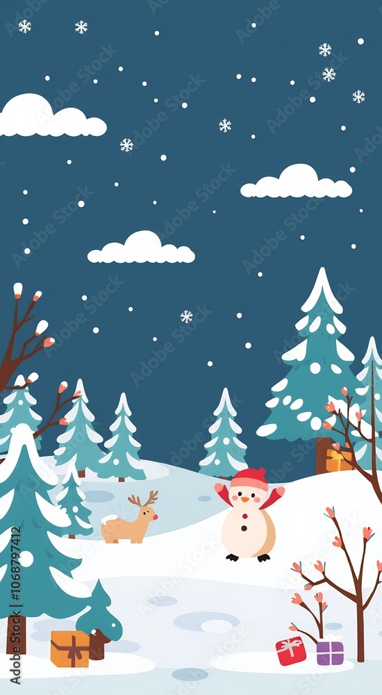 Cute snowman with reindeer in a snowy winter wonderland. Cute snowman with reindeer in a snowy winter wonderland.