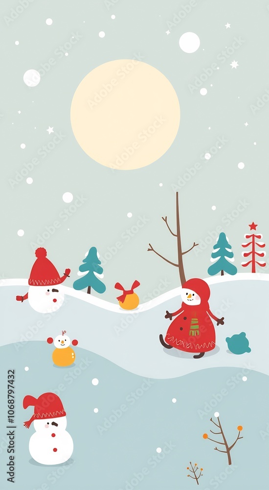 Three snowmen standing in a snowy winter landscape with a bright moon and stars in the sky. Three snowmen standing in a snowy winter landscape with a bright moon and stars in the sky.