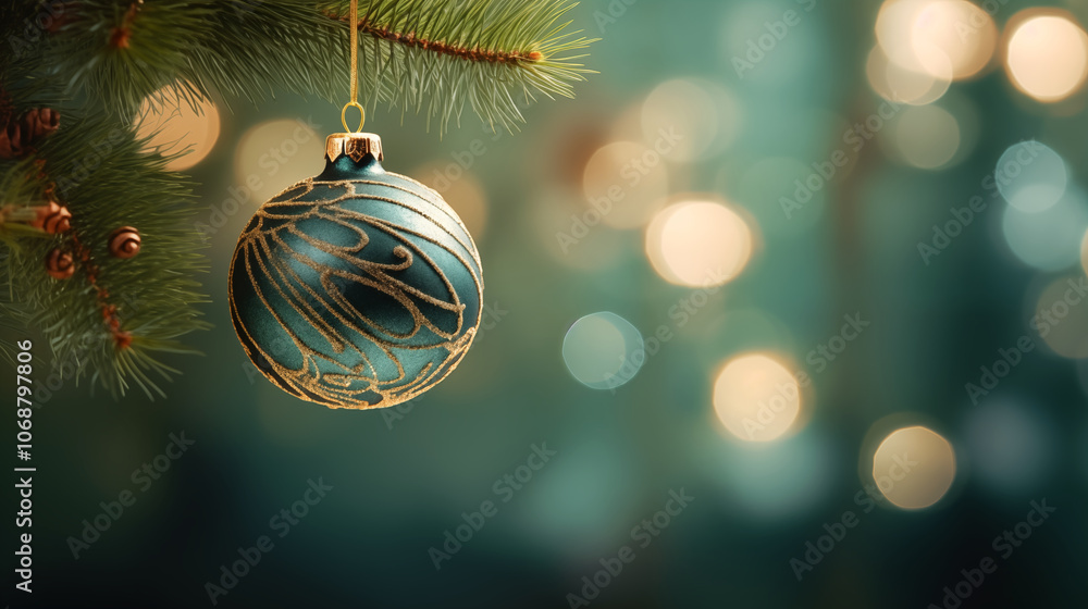 Festive Christmas and New Year holiday banner card with single minmalist ornament hanging from pine branch. with copy space and glitter bokeh. Holiday bokeh background with copy space. Festive Christmas and New Year holiday banner card with single minmalist ornament hanging from pine branch. with copy space and glitter bokeh. Holiday bokeh background with copy space.
