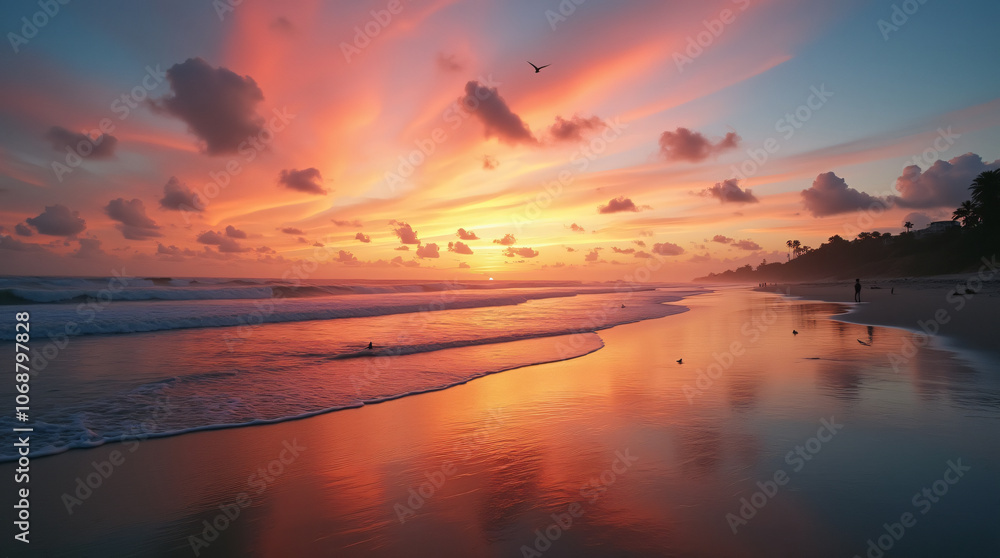 Obraz premium A Peaceful Beach Scene With Gentle Waves, Seagulls, and a Colorful Sunset Captured With a Wide-Angle Lens, Using Warm and Vibrant Film to Create a Serene and Inviting Atmosphere
