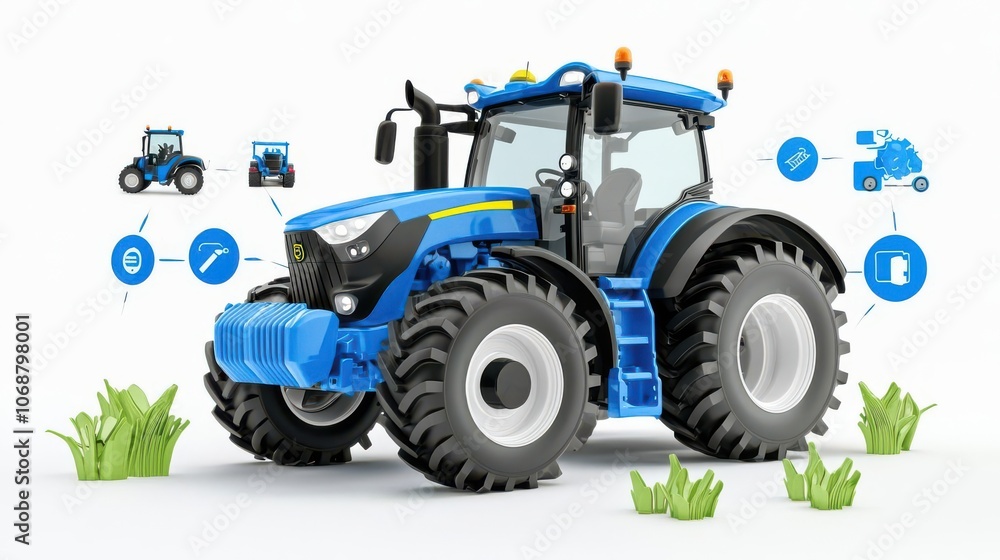 Obraz premium Blue tractor, white isolate background, modern agricultural vehicle.
