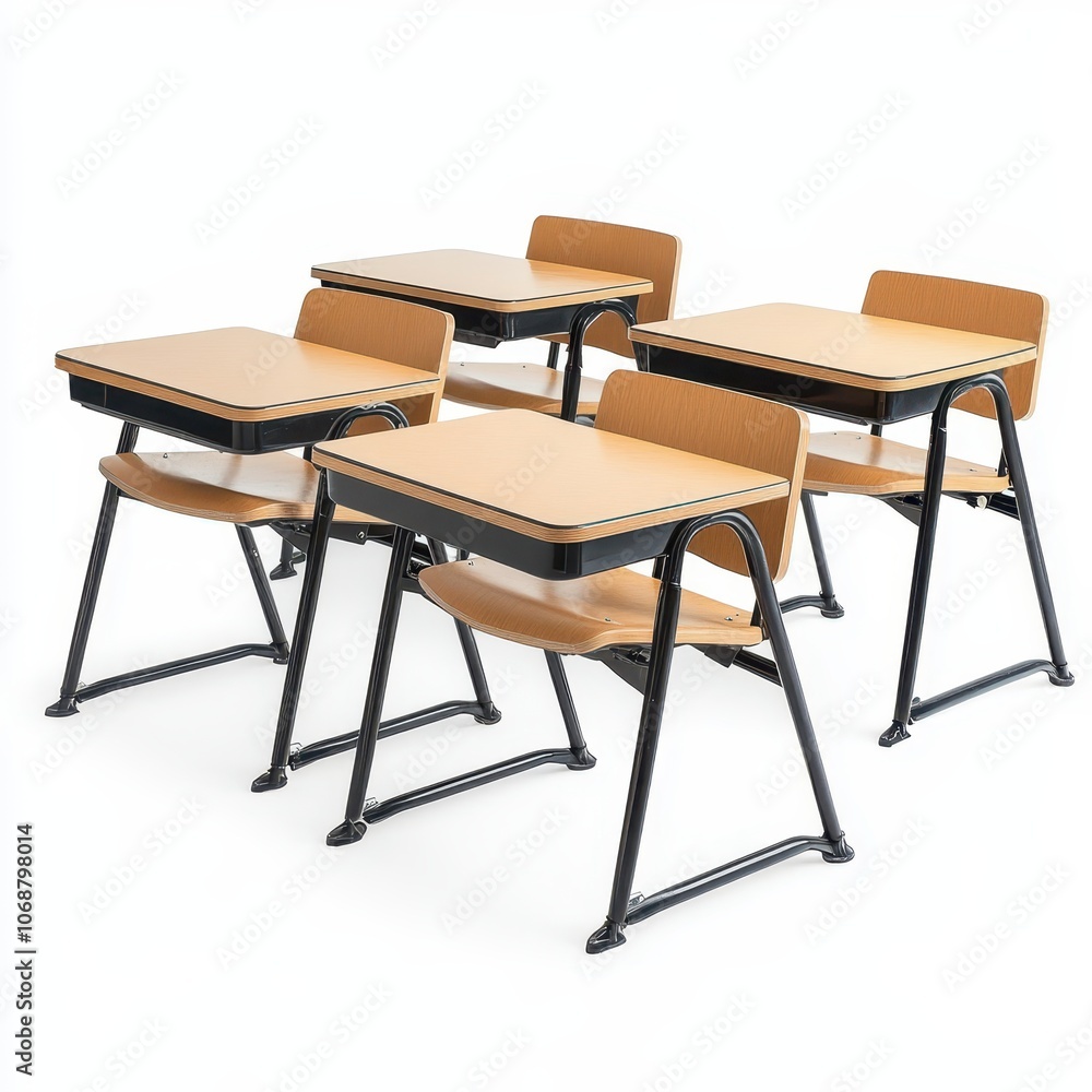 Exam room classroom setup, classic desks and chairs, high school theme, isolated on white background Exam room classroom setup, classic desks and chairs, high school theme, isolated on white background