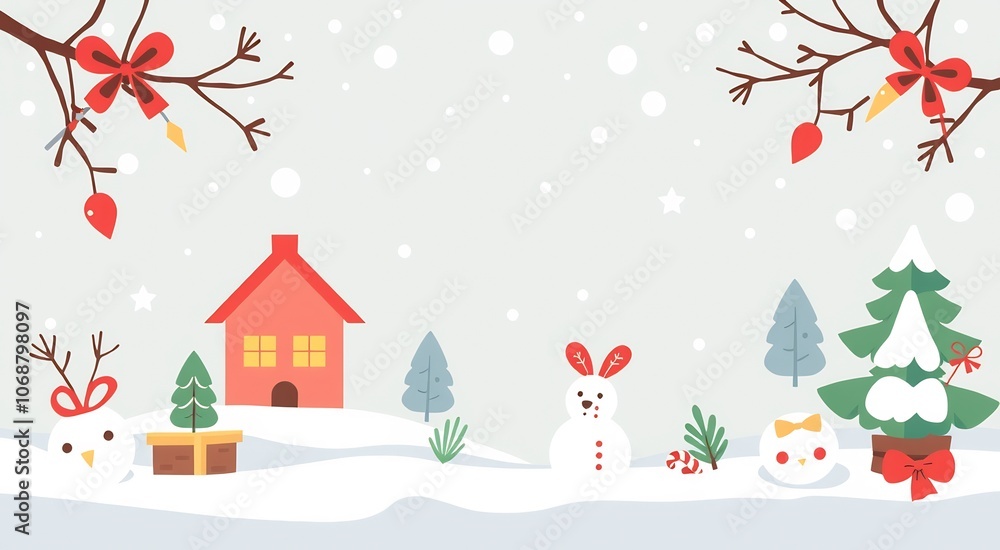 A whimsical winter scene with snowmen, a house, a Christmas tree, and snow falling. A whimsical winter scene with snowmen, a house, a Christmas tree, and snow falling.