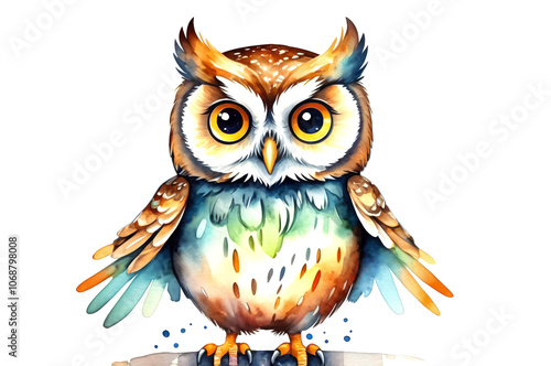 Watercolor cartoon owl on a white background