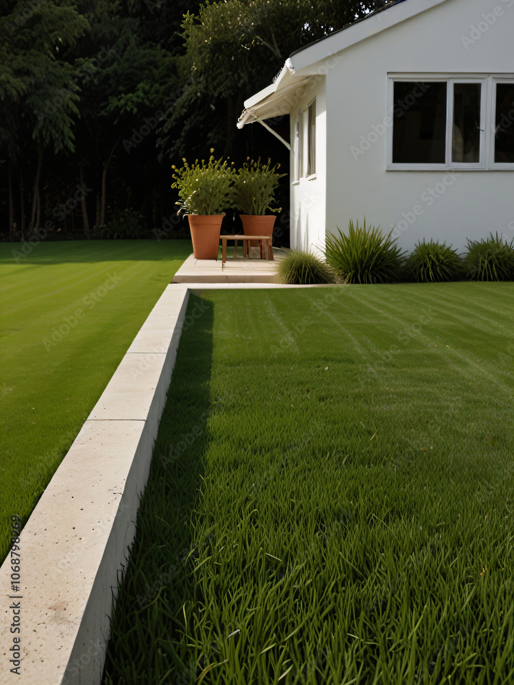 A freshly mowed, lush green lawn with sharp edges and neat appearance. A freshly mowed, lush green lawn with sharp edges and neat appearance.
