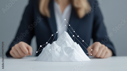 Businesswoman scaling a digital mountain, representing overcoming obstacles and motivation
